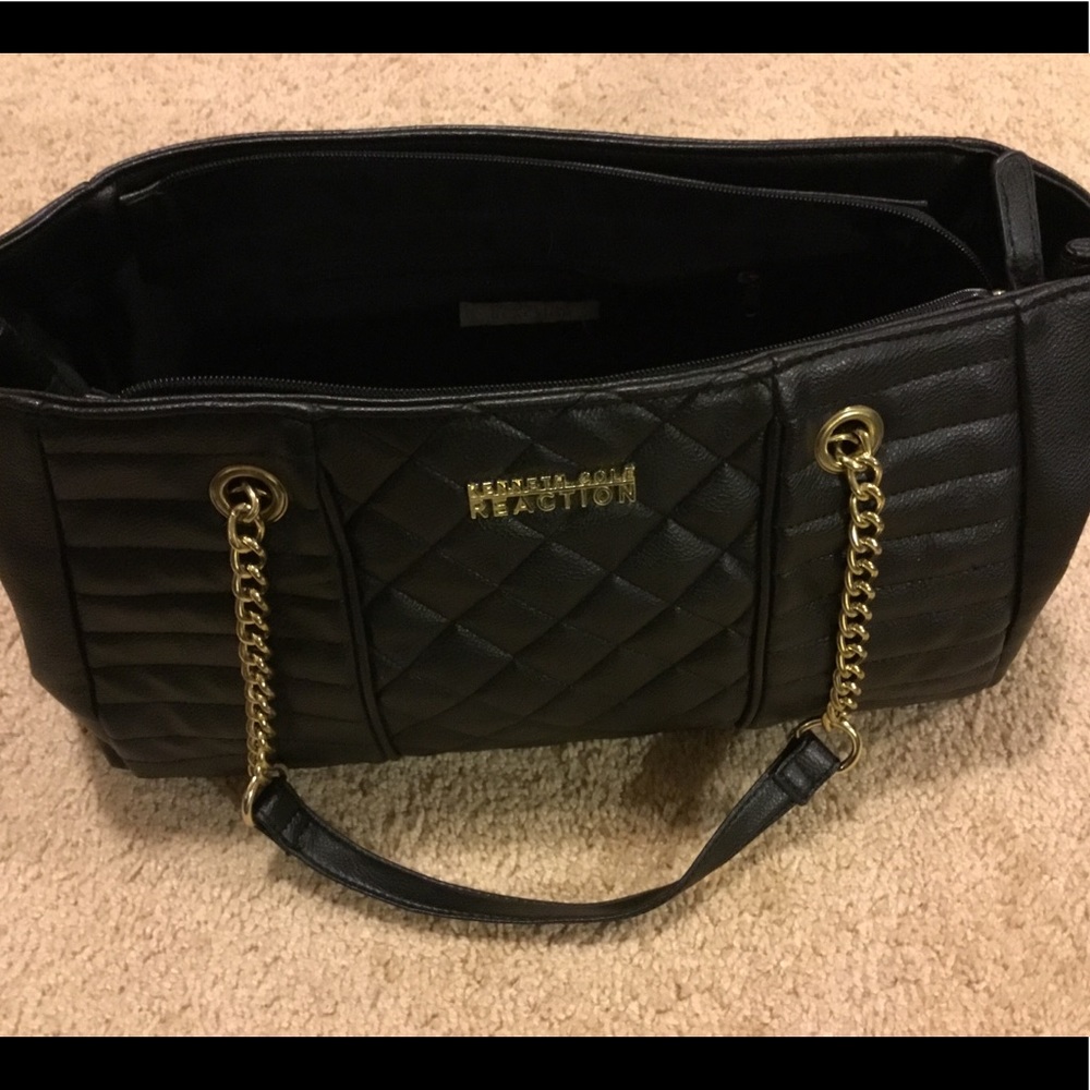 Kenneth Cole Reaction Black Quilted Tote with Gold Chain Handles